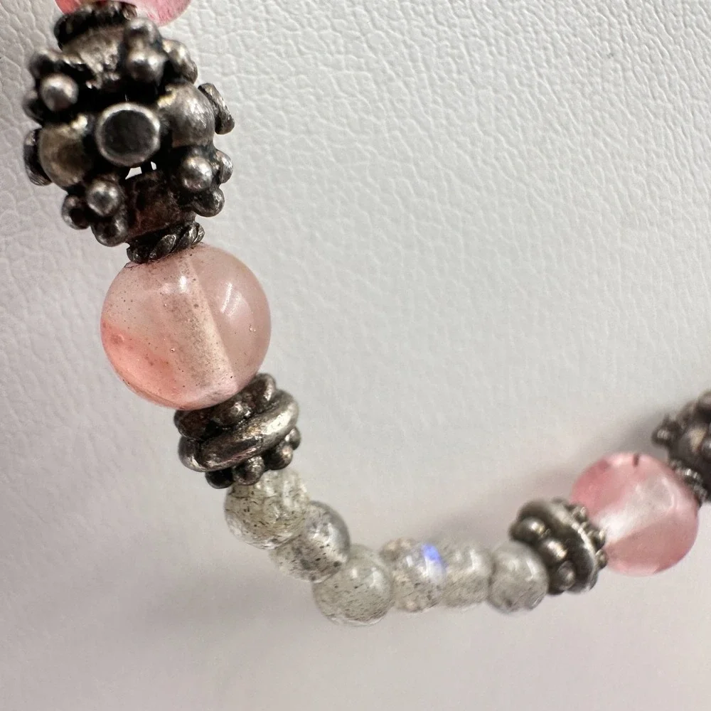 Vintage 90s Strawberry Quartz Labradorite Beaded‎ Necklace Boho Women's Jewelry